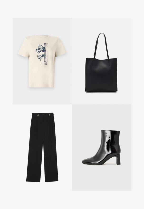 Beige cotton T-shirt featuring a navy floral graphic design and vertical striped detail on the left side. Short sleeves and crew neck.; Black wide-leg trousers with high waist, button details on waistband, and front pleats.; Black patent leather ankle boot with a pointed toe and a mid-height block heel. Smooth texture and minimalist design.; Black leather tote bag with smooth texture, rectangular shape, and two long handles. No visible hardware or embellishments.