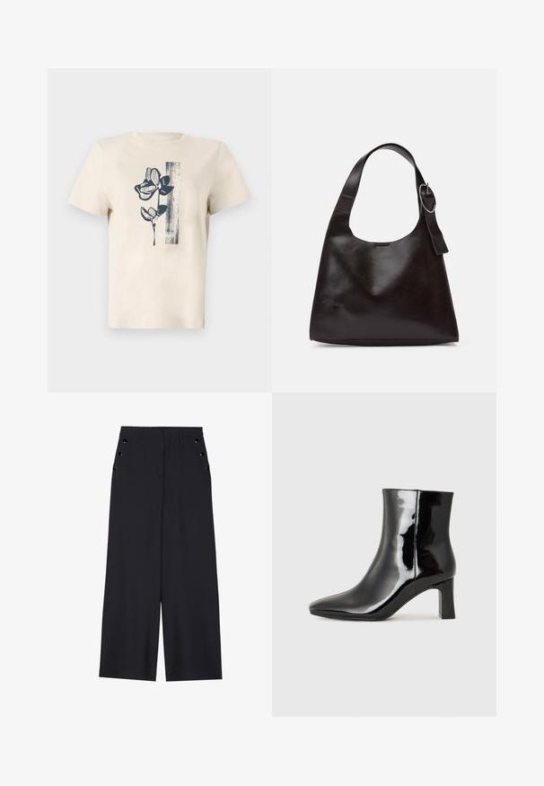 Beige pamut póló, amely navy virágmintás grafikával és függőleges csíkozással rendelkezik a bal oldalon. Rövid ujjú és kerek nyakú.; Sötét tengerészkék, széles lábú nadrág, sima textúrával, elől redőkkel és díszes, aranyszínű szélekkel a zsebeknél.; Fekete lakk bőrcipő bokáig érő, hegyes orral és közepes magasságú tömbsarokkal. Simább textúrával és minimalista dizájnnal rendelkezik.; Barna bőr válltáska sima felülettel, lekerekített formával, széles pánttal és kör alakú fém akcentussal a fogantyún.