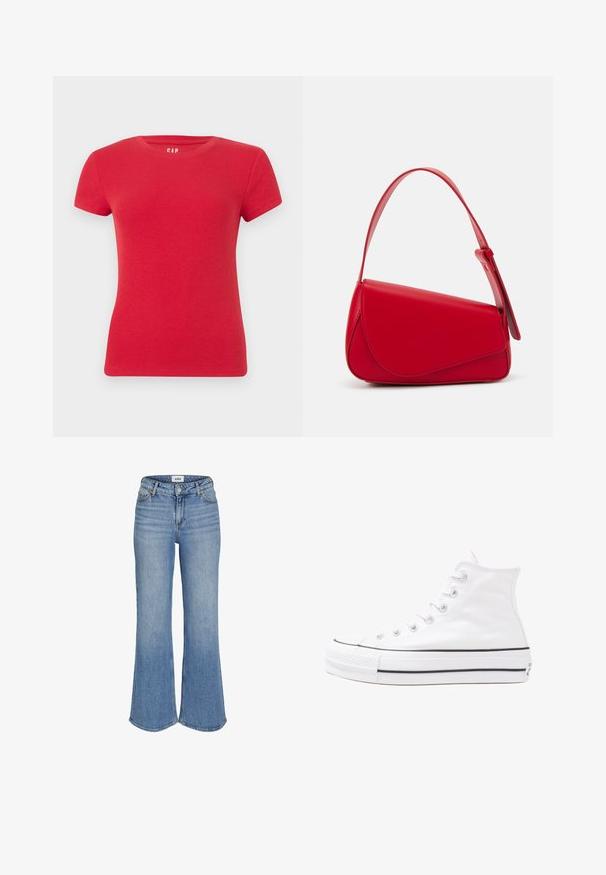 Czerwona, prążkowana bawełniana koszulka z okrągłym dekoltem i krótkimi rękawami. Gładki wzór bez widocznych wzorów czy akcentów.; Jasnoniebieskie dżinsy dzwony z wysokim stanem, z przednimi kieszeniami, zamkiem błyskawicznym i subtelnym wyblaknięciem. Szwy są widoczne wzdłuż brzegów.; Białe wysokie trampki z płótna z czarną gumową podeszwą, przednim czubkiem z gumy i sześcioma dziurkami na sznurowadła, charakteryzujące się prostym, minimalistycznym designem.; Czerwona skórzana torebka o kanciastym, geometrycznym designie. Posiada jedną regulowaną rączkę oraz zapięcie na klapę z przeszyciami.