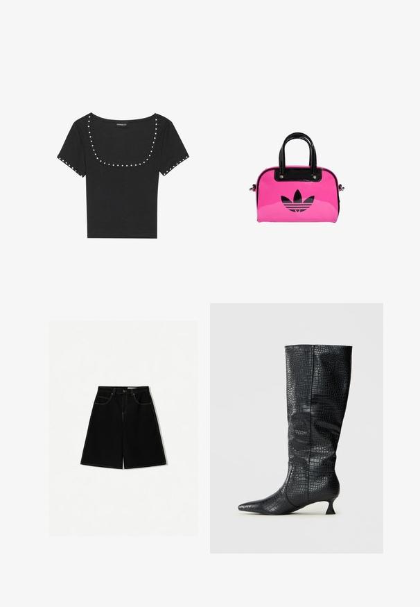 Schwarzes, geripptes, kurzärmeliges Oberteil mit weitem Rundhalsausschnitt, verziert mit silbernen Nieten entlang des Ausschnitts und der Ärmel.; Schwarze Denim-Shorts mit lockerer Passform, ausgestattet mit fünf Taschen, gelben Nähakzenten und einem mittelhohen Bunddesign.; Schwarz kniehohe Stiefel aus kunstleder mit glänzender Krokodilstruktur, spitzer Zehenform und schmalem, kantigem Absatz. Klassisches Design und elegante Silhouette.; Rosa patentierte Handtasche mit schwarzem Logo und Griffen, die eine runde Form und einen Reißverschlussverschluss aufweist. Die glänzende Textur verbessert die Sichtbarkeit.