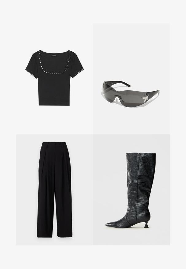 Top corto a maniche corte nero a costine con scollo ampio, impreziosito da borchie argentate lungo lo scollo e le maniche.; Pantaloni neri a gamba larga realizzati in tessuto morbido, con vita alta, pieghe sul davanti e una silhouette fluida.; Stivali neri in ecopelle al ginocchio con una finitura lucida effetto coccodrillo, punta affusolata e tacco sottile e angolare. Design classico e silhouette slanciata.; Occhiali da sole neri con design avvolgente, lenti scure, rifiniture a forma di stella brillanti e naselli regolabili.; Set di dodici orecchini a cerchio in tonalità argento e oro. Include design attorcigliati, lisci e testurizzati con varie dimensioni e finiture.