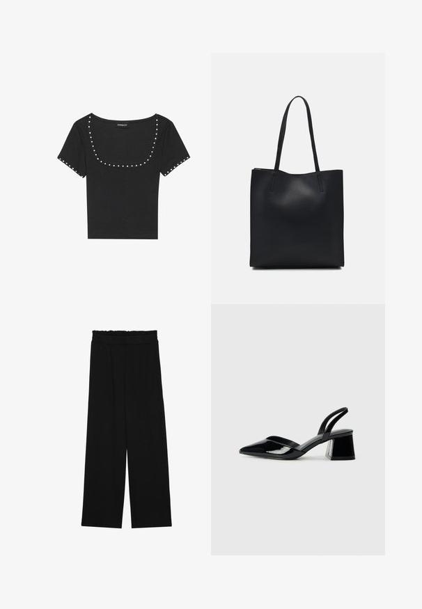 Mustat ribbiälytopit, lyhyet hihat ja leveä rundikaula-aukko, sekä hopeiset niitit kaula-aukossa ja hihoissa.; Musta leveälahkeinen housut, joissa on röyhelövyötärö, kaksi sivutaskua ja sileä, kevyt kangas. Ei näkyviä kuvioita tai metalliosia.; Mustat patentoitu nahkakengät, joissa on säären takaosa ja terävä kärki, sekä geometrinen palikkakorko. Sisältää tyylikkään, minimalistisen muotoilun ja sileän pinnan.; Mustapahkainen kangaskassi, jossa on sileä pinta, suorakaiteen muotoinen ja kaksi pitkää kahvaa. Ei näkyvää metalliosaa tai koristeita.