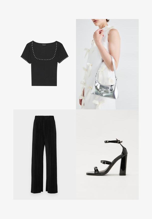 Svart ribbet topp med kort erme og bred utringning, pyntet med sølvnitter langs utringningen og ermene.; Sorte plisserte bukser med elastisk midje. Har vide ben og et glatt, strukturert stoff med vertikale striper.; Svart høyglans sandaler med hæl, firkantet tå, ankelremmer og sølvspenner. Har en kraftig blokkhæl for stabilitet.; Sølvmetallisk håndveske med en strukturert form, med en topphåndtak og sløyfedetalj foran. Glatt tekstur, reflekterende overflate.