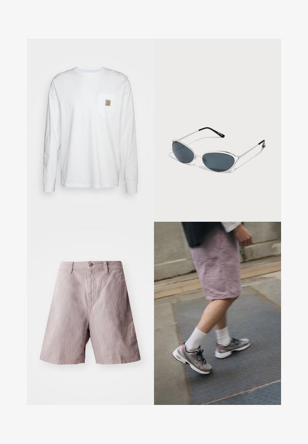 Biela košeľa s dlhým rukávom vyrobená z bavlny, s náprsné vrecko a štvorcovou nášivkou loga. Jednoduchý dizajn s okrúhlym výstrihom a manžetami.; Krátky rukáv, košeľa na gombíky v textúrovanej tmavomodrej látke, s prednou náprsné kapsou so štvorcovou nášivkou a bielymi gombíkmi.; Svetlofialové bavlnené šortky s plochým pásom, predným zapínaním na gombík a bočnými vreckami. Hladká textúra a voľný strih.; Športové topánky v sivej farbe s červenými akcentmi, so sieťovým zvrškom a polstrovanou podrážkou, nosené s bielymi ponožkami a svetloružovými šortkami.; Slnečné okuliare so strieborným kovovým rámom, tvarom mačacích očí, tmavozelenými sklami a čiernymi koncami na nožičkách. Čistý, minimalistický dizajn.