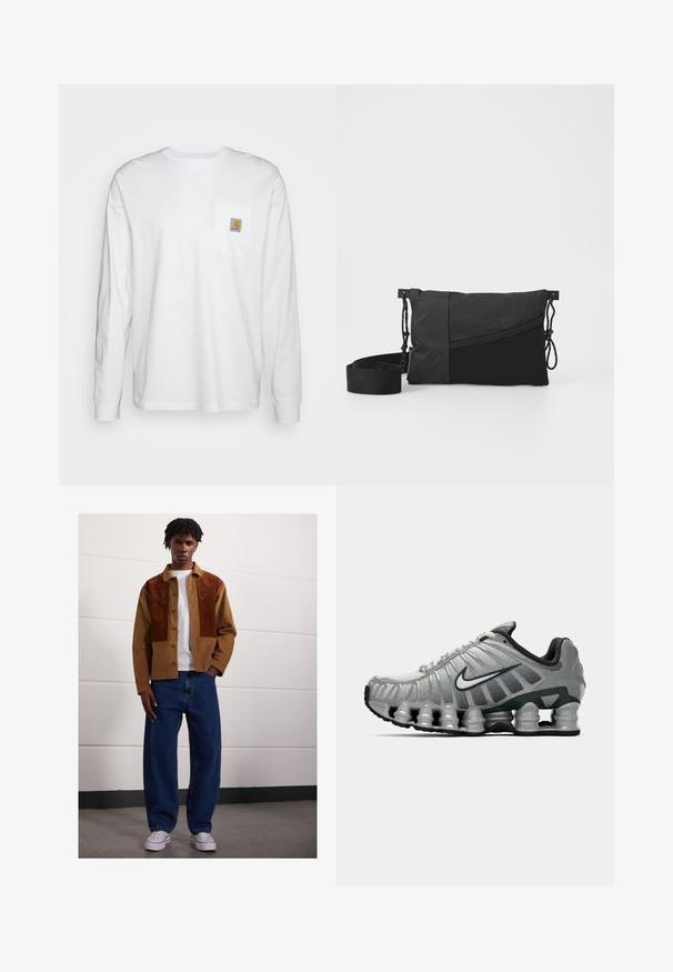 Biała koszula z długim rękawem, wykonana z bawełny, z kieszonką na klatce piersiowej z kwadratową naszywką logo. Prosty design z zaokrąglonym dekoltem i rękawami z mankietami.; Mężczyzna stojący w pomieszczeniu, ubrany w brązową kurtkę z sztruksu z rdzawej kolorze, białą koszulkę, luźne niebieskie dżinsy oraz białe trampki.; Szare i czarne buty biegowe Nike z widocznym, sprężystym tłumieniem pod podeszwą oraz białym logo swoosh po boku.; Czarna torba na ramię wykonana z teksturowanej tkaniny, z ukośnym wzorem, regulowanym paskiem i ściągaczami po bokach.