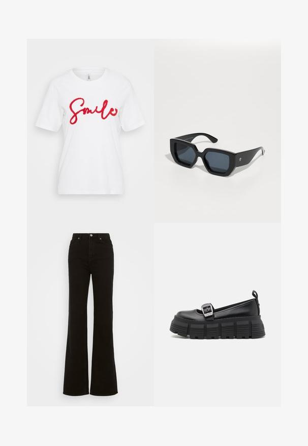 Fehér pamut póló, amelyen egy piros, texturált "Smile" grafika található a mellrészen. Rövid ujjú és kerek nyakú.; Magas derekú fekete trapéz farmer, gombos záródással, oldalsó zsebekkel és sima textúrával.; Fekete platform loaferek lekerekített orral, sima bőrből készült felsőrésszel, állítható csattal és vízszintes bordázattal ellátott gumitalppal.; Fekete, oversized napszemüveg geometrikus mintával, téglalap alakú lencsékkel és fényes felülettel. Az elülső részén nincs látható márkajelzés.