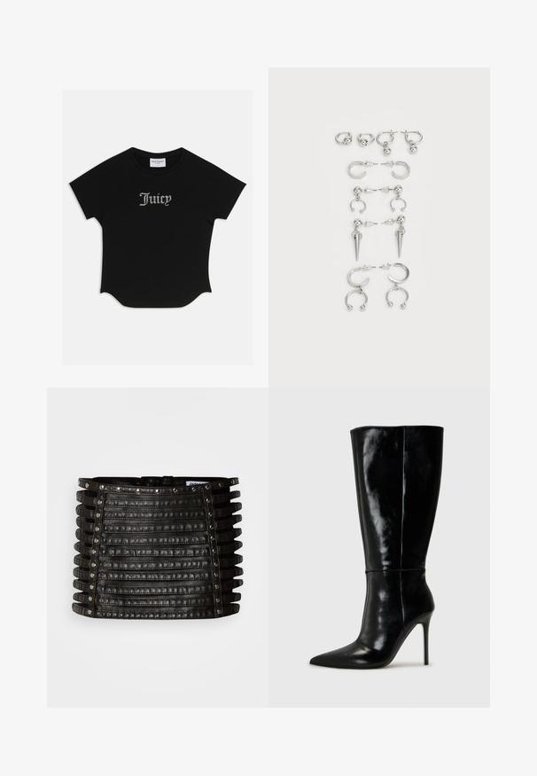 Mustikas lühikeste varrukatega T-särk ümarate äärtega ja raglanvarrukatega. Ees on kaunistatud "Juicy" tekst sädelevate kividega.; Mustast nahast miniseelik, millel on horisontaalsed rihmakujundused ja hõbedased naelad ülaääre ning vertikaalsete külgede ääres.; Mustad nahast kuni põlveni ulatuvad saapad terava ninaga ja kõrge stiletto kontsaga. Sile tekstuur ja stiilne disain, millel on minimaalne kaunistus.; Hõbedaste kõrvarõngaste komplekt, mis sisaldab erinevaid stiile: rõngad, kõrvaaugud ja rippuvad mudelid, millel on kuulitaolised aktsendid ja teravad elemendid.