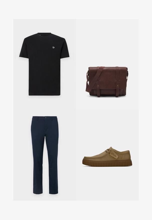 Čierne bavlnené tričko s krátkymi rukávmi, okrúhlym výstrihom a malým bielym logom na ľavej strane hrude. Hladká textúra, jednoduchý dizajn.; Tmavomodré chinos vyrobené z hladkej tkaniny. Priamy strih s jedným gombíkom a pútkami na opasok. Žiadne viditeľné vzory ani akcenty.; Svetlohnedé semišové topánky s okrúhlym špičkou, prešitou detailnou úpravou a ribbovanou hnedou gumovou podrážkou. Obsahujú bočný štítok s logom "Clarks".; Hnedá kožená messenger taška s plochým predným klopom, dvoma popruhmi, zlatými kovovými detailmi a nastaviteľným ramenným popruhom.