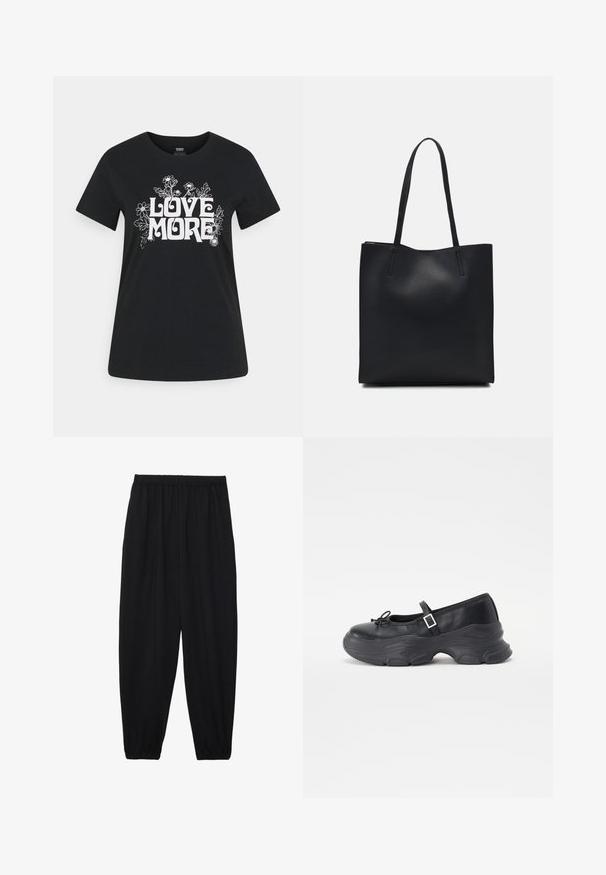 Levi's® THE PERFECT TEE - T-shirt estampada - caviar; Calças pretas, leves, com um cinto elástico e punhos franzidos. O tecido é suave e apresenta um design relaxado e afunilado.; Sapatilha Mary Jane em couro preto com bico arredondado, detalhe de laço e tiras ajustáveis ao tornozelo. Apresenta uma sola de borracha robusta com acentos curvados.; Bolsa tote preta em couro com textura lisa, forma retangular e duas alças longas. Sem hardware ou enfeites visíveis.