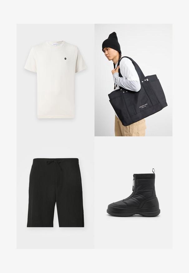 Krémové bavlnené tričko s krátkymi rukávmi, okrúhlym výstrihom a malým čiernym hexagonálnym logom na ľavej strane hrude. Hladká textura.; Čierne ľanové šortky s viazaním v páse, vo voľnom strihu a dĺžke po kolená. Hladká textúra, jednoducho a klasicky štýlové.; Čierne nepremokavé snehové čižmy so hladkým syntetickým zvrškom, zipsom, polstrovaným golierom a textúrovanou gumovou podrážkou. Ozdobené značkovaním "MOON BOOT".; Čierna plátenná taška s dvoma pevným popruhmi, obsahujúca kovové akcenty a predné vrecká. Značka je zobrazená bielym textom na spodnej strane.
