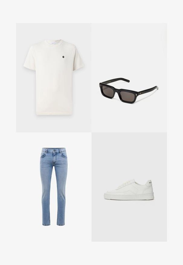 Kreminė medvilnės marškinėliai trumpomis rankovėmis, apvaliu iškirpimu ir mažu juodu šešiakampiu logotipu kairėje krūtinės pusėje. Lygus paviršius.; Šviesiai mėlynos džinsinės kelnės su siauromis kojomis, penkiais kišenėmis ir tiesiomis kojomis. Su užtrauktuku ir diržo kilpomis. Švelnus paviršius.; Balti odiniai sportiniai bateliai su lygia apdaila, apvaliu pirštu, plokščiais raišteliais ir tekstūruotu padu. Pasižymi subtiliu logotipu ant kulno.; Juodos stačiakampės akinių nuo saulės su tamsiais objektyvais, storu plastiko rėmu, auksinėmis detalėmis ant šventyklų ir prekės ženklo logotipu išgraviruotu ant šono.