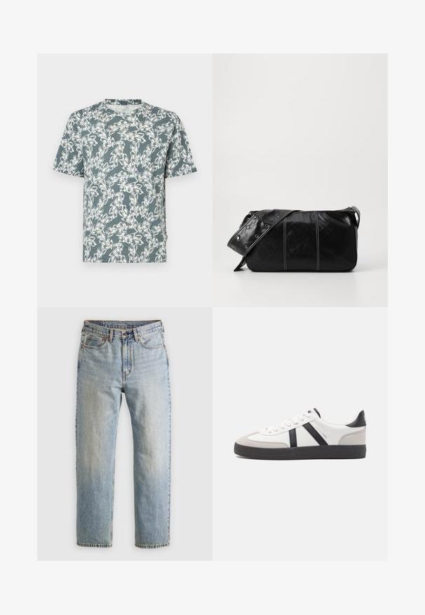 Tričko s krátkym rukávom v teal farbe, zdobené bielym kvetinovým vzorom. Vyrobené z ľahkej látky s uvoľneným strihom.; Svetlomodré džínsy s vysokým pásom, predným gombíkom, zipsom a dizajnom s piatimi vreckami, rozložené na neutrálnom pozadí.; Biele tenisky s čiernymi a šedými akcentmi, s textúrovanou šedou špičkou, čiernou gumovou podrážkou a plochými bielymi šnúrkami. Čistý dizajn, minimalistický štýl.; Čierna kožená kabelka cez plece so zipsovým uzáverom, so štruktúrovaným telom, bielym prešívaním a popruhom so striebornými očkami.