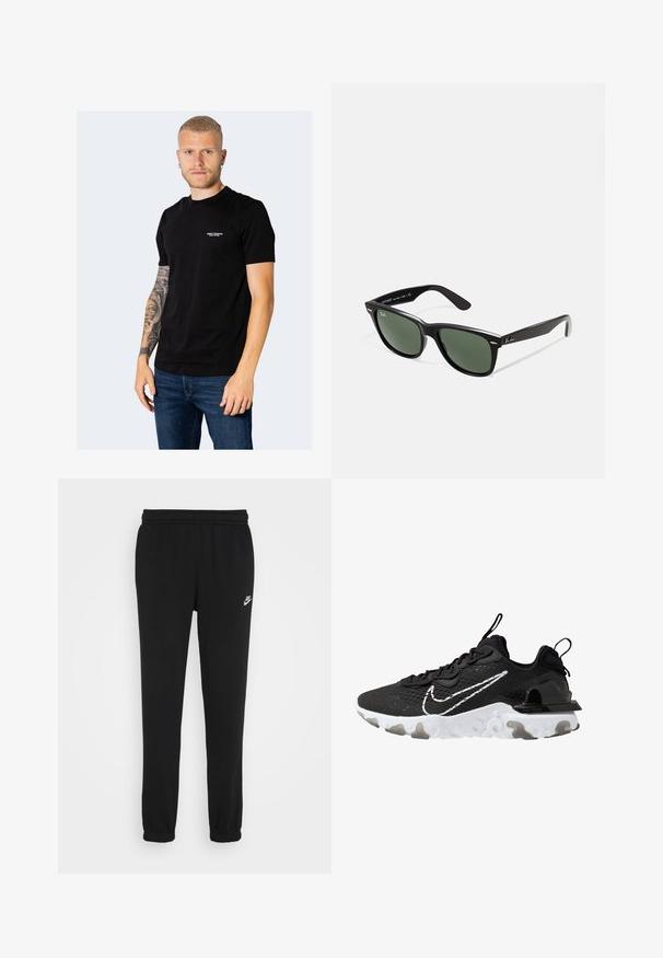 Czarna bawełniana koszulka z krótkimi rękawami, okrągłym dekoltem i małym haftowanym logo na piersi. Noszona z niebieskimi dżinsami.; Czarne dresy z elastycznym pasem, zwężanymi nogawkami i małym białym logo Nike po lewej stronie. Wykonane z miękkiego, teksturowanego materiału.; Czarne buty sportowe z teksturowaną cholewką, białym logo Nike i grubą białą podeszwą. Wyposażone są w uchwyt na pięcie ułatwiający zakładanie.; Czarne plastikowe okulary przeciwsłoneczne z zielonymi szkłami, kwadratowe oprawki, srebrny akcent na brwi oraz fakturowane ramiona temple. Nazwa marki podana na wewnętrznej stronie ramion.