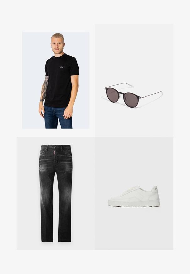 Čierne bavlnené tričko s krátkymi rukávmi, okrúhlym výstrihom a malou vyšitou značkou na hrudi. Nosí sa s modrými riflami.; Čierne denimové džínsy so štandardným strihom. Obsahujú vyblednuté oblasti, drobné opotrebenie, klasický dizajn s piatimi vreckami a zapínanie na gombík.; Biele kožené tenisky s hladkým povrchom, okrúly špičkový dizajn, ploché šnúrky a textúrovaná podrážka. Obsahujú jemné logo na päte.; Čierne okrúhle slnečné okuliare s tmavými sklami a tenkými kovovými ramenami. Obsahujú priehľadné konce rámov a strieborné akcenty na pántoch. Minimalistický dizajn.