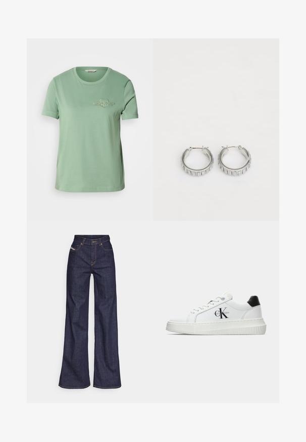 T-shirt de algodão verde-claro com mangas curtas, decote redondo e logótipo bordado no peito. Textura suave e ajuste casual.; Jeans de perna larga azul escuro em tecido de denim com alta cintura, apresentando costura laranja, design de cinco bolsos e fecho de botão.; Sapatilhas brancas de cano baixo com aba preta no calcanhar, sola tipo plataforma, cordões e logo "CK" da Calvin Klein na lateral.; Brincos em argola prateados com um design texturizado que apresenta sulcos verticais. Forma circular com um fecho de segurança. Acabamento suave.