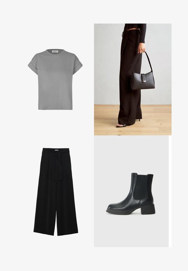 Gray short-sleeve t-shirt, made of soft cotton blend. Features a round neck and rolled cuffs. Simple, straight-cut design.; Black wide-leg pants featuring a textured fabric, an elastic waistband, and a detachable sash tie at the waist for adjustable fit.; Black leather ankle boot with elastic side panels, rounded toe, and a low block heel. The surface has a smooth texture and minimal detailing.; Black handbag with structured shape, smooth texture, and a metallic clasp. Paired with wide black pants and open-toe sandals on wooden floor.