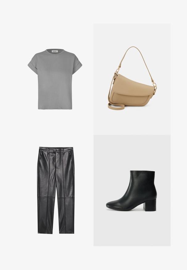 Tricou gri cu mânecă scurtă, fabricat dintr-un amestec de bumbac moale. Are gât rotund și manșete răsucite. Design simplu, cu tăietură dreaptă.; Pantaloni din piele neagră cu o textură netedă, având o croială dreaptă, două buzunare frontale și detalii vizibile ale cusăturilor.; Cizme negre din piele până la gleznă, cu vârf ascuțit și toc robust. Textură netedă, cu accente minime și un design elegant, ajustat.; Even&Odd Geantă de mână - beige