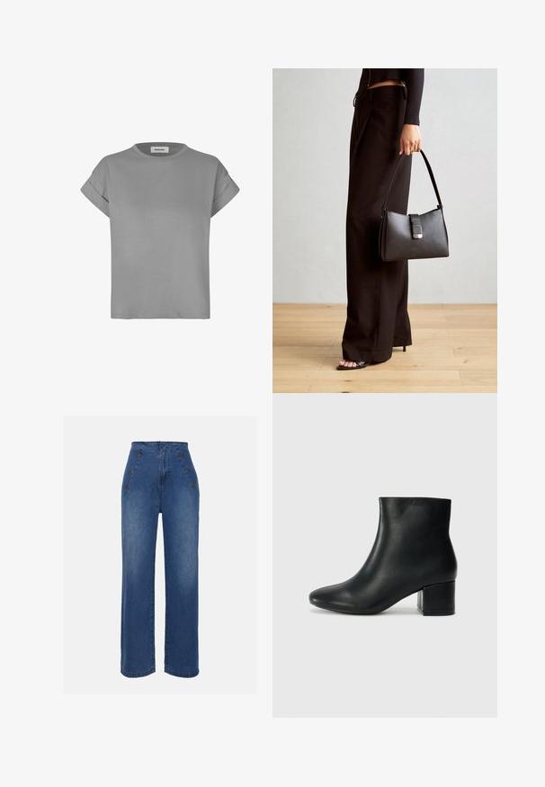 Szürke, rövid ujjú póló, puha pamutkeverékből készült. Kerek nyakkivágással és felgöngyölt ujjakra jellemző. Egyszerű, egyenes vonalú fazon.; Közepesen kék, magas derekú farmernadrág. Elöl gombos részletek és széles szárú kialakítás jellemzi. Az anyaga sima tapintású, enyhén megfakult.; Fekete bőr bokacsizma hegyes orral és vastag sarokkal. Sima felület minimális díszítéssel és karcsú, passzos kialakítással.; Fekete kézi táska strukturált formával, sima textúrával és fémből készült záródással. Széles fekete nadrággal és nyitott orrú szandállal párosítva, fából készült padlón.
