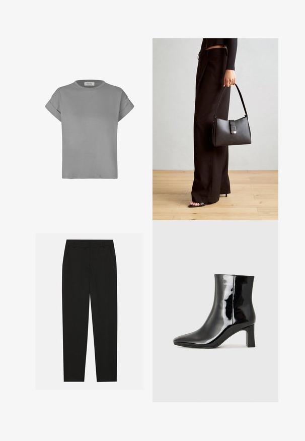 Camiseta gris de manga corta, fabricada en una suave mezcla de algodón. Presenta un cuello redondo y puños enrollados. Diseño simple y de corte recto.; Pantalones negros con un diseño ajustado, que cuentan con bolsillos laterales y pierna recta. Fabricados con una tela suave y liviana con un acabado elegante.; Botín de charol negro con punta afilada y un tacón de bloque de altura media. Textura suave y diseño minimalista.; Bolso negro con forma estructurada, textura suave y un cierre metálico. Combinado con pantalones anchos negros y sandalias de dedo en un suelo de madera.