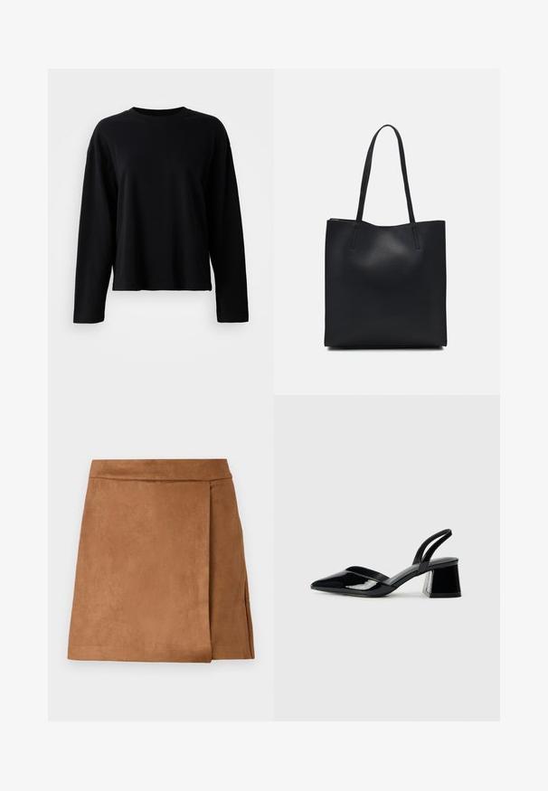 Musthave musta pikkade varrukatega T-särk, mis on valmistatud pehmest ja kergekaalulisest kangast. Särk on ümmarguse kaelaauguga ja relaxed fit stiilis, millel on minimaalsed õmblused.; Pruunist nahast mini-seeliku, millel on ümmargune disain, sujuva tekstuuri ja puhta viimistlusega serv. Pole nähtavaid riistvara ega aksessuaare.; Mustad musta lakknahk kingad, millel on terav varvas ja geomeetriline plokkkonts. Omab elegantselt minimalistlikku disaini ja sujuvat tekstuuri.; Mustast nahast kott sujuva tekstuuriga, ristkülikukujuline ja kahe pika sangaga. Pole nähtavat riistvara ega kaunistusi.