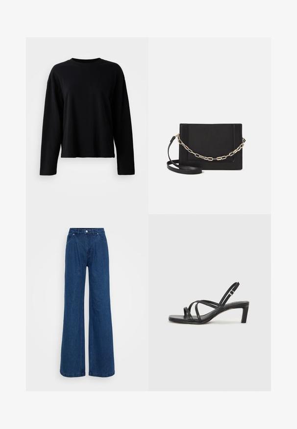 Black long-sleeve t-shirt made of a soft, lightweight fabric featuring a crew neck and a relaxed fit with minimal stitching details.; Wide-leg blue denim jeans with a high waist, front button and zipper closure, and front and back pockets against a plain background.; Black strappy sandal with a square toe and a low block heel. Features multiple thin straps and an adjustable ankle strap. Made of smooth leather.; Black leather crossbody bag featuring a smooth texture, rectangular shape, and a metallic chain detail on the front. Adjustable strap included.; Silver double-band ring with a smooth, polished surface. Features a fluid, curved design with overlapping sections for a modern look.