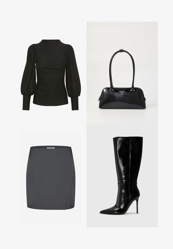 Top nero con maniche a sbuffo, design elegante, tessuto morbido, con arricciature ai lati e polsini aderenti. Stile minimalista, senza loghi visibili.; Envii SPLIT - Gonna a tubino - grey; Stivali neri in pelle alti fino al ginocchio con punta affusolata e tacchi a stiletto alti. Texture liscia e design elegante, con decorazioni minime.; Borsa nera lucida con una silhouette curva, due manici e una placca logo frontale. Chiusura con zip e dettagli in metallo lucido.; Set di orecchini in argento con vari design: cerchi, perle e stili pendenti, con accenti a sfera e elementi appuntiti.