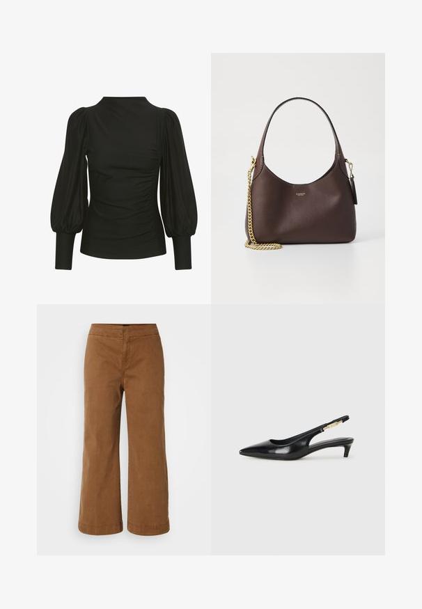 Mustaga pealne, puffdetaljadega, voolava disainiga, pehme kangaga, külgedel rüschedega ja kitsaste mansettidega. Minimalistlik stiil, nähtavad logod puuduvad.; Pruunid laiad püksid, mis on valmistatud pehmest kangast sileda tekstuuriga, kõrge vöökoha ja õmblustega detailidega.; Mustad nahast slingback kontsad terava ninaga, millel on õhuke konts ja kuldse tooni aktsent reguleeritaval rihmal. Sile tekstuur.; COACH BROOKLYN SHOULDER BAG 23 - Käekott - maple