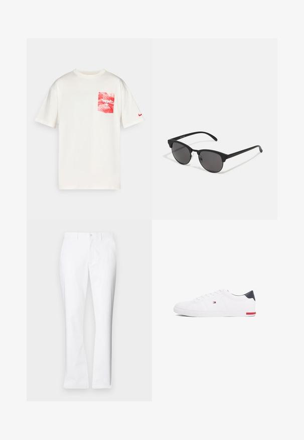 T-shirt en coton crème avec une poche graphique rouge et blanche ornée d'un logo de taureau et d'un petit swoosh rouge de Nike sur la manche gauche.; Pantalon en coton blanc avec un design à jambes droites, poches avant, fermeture à un bouton et texture lisse.; Baskets basses blanches en cuir lisse. Dotées d'un talon en bleu marine et d'un accent rouge sur la semelle. Six œillets pour les lacets.; Lunettes de soleil noires avec des verres ronds, finition mate et une forme distinctive en œil de chat. Monture fine avec un logo discret sur la branche gauche.