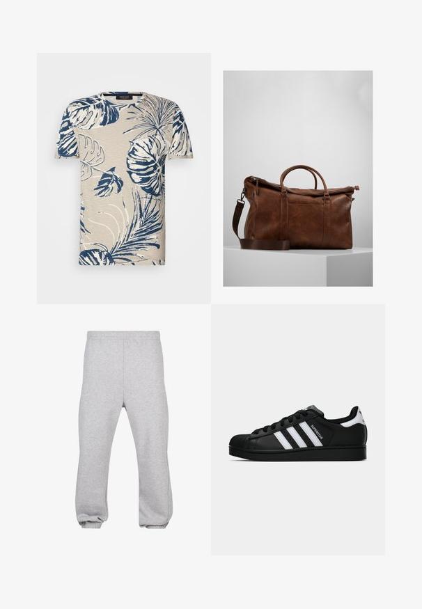 Beige T-Shirt mit kurzen Ärmeln und einem marineblauen tropischen Blattmuster, verfügt über einen Rundhalsausschnitt und eine strukturierte Stoffoptik.; Graue Sweatpants aus Baumwollmix mit einem elastischen Bund, schmal zulaufenden Beinen und gerippten Säumen. Einfaches Design ohne Muster.; Schwarzer Adidas Superstar Sneaker mit weißen Streifen, Schalenzehen und "Superstar"-Schriftzug an der Seite, im Seitenprofil auf weißem Hintergrund dargestellt.; Braune Leder-Duffel-Tasche mit Reißverschluss, doppelten Griffen, verstellbarem Schultergurt und sichtbaren Texturmuster auf der Oberfläche.