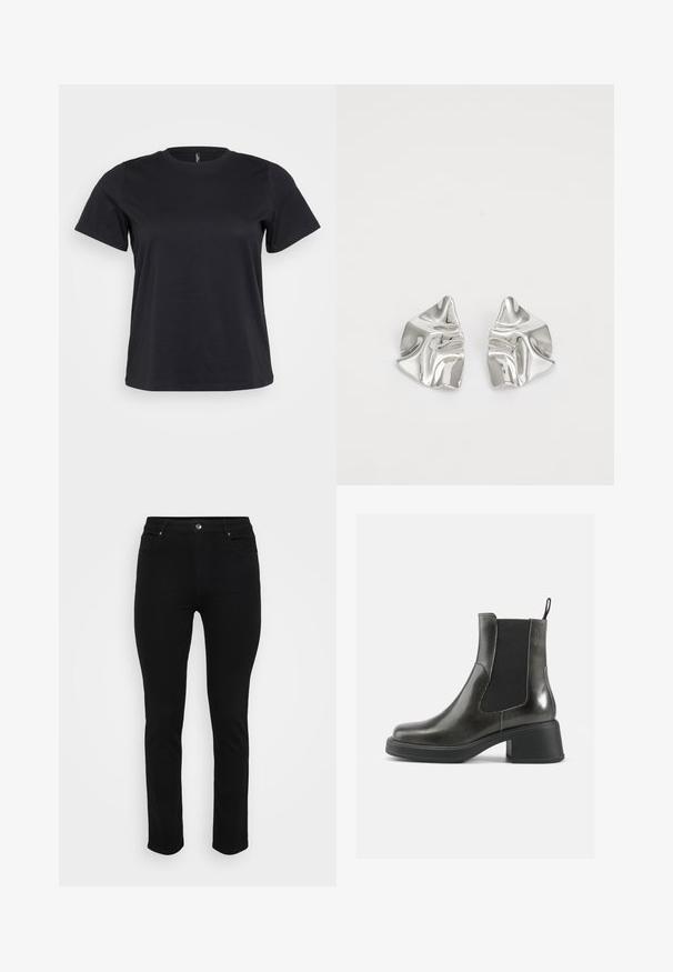 Crna pamučna majica s kratkim rukavima, okruglim izrezom, opuštenim krojem i glatkom teksturom. Nema vidljivih grafika ili uzoraka.; Crne traperice od denima slim fit kroja, s pet džepova, zatvaranjem na dugme sprijeda i blago rastezljivim materijalom za udobnost. Ravna, glatka tekstura s minimalnim ukrasima.; Crne kožne gležnjače s glatkom završnom obradom, elastičnim bočnim panelima i debelim potplatom. Imaju kuku za lakše obuvanje.; Srebrne metalne naušnice s valovitim, skulpturalnim dizajnom, naglašenim sjajnom završnom obradom i nepravilnim oblicima, što ističe suvremeni estetski izraz.