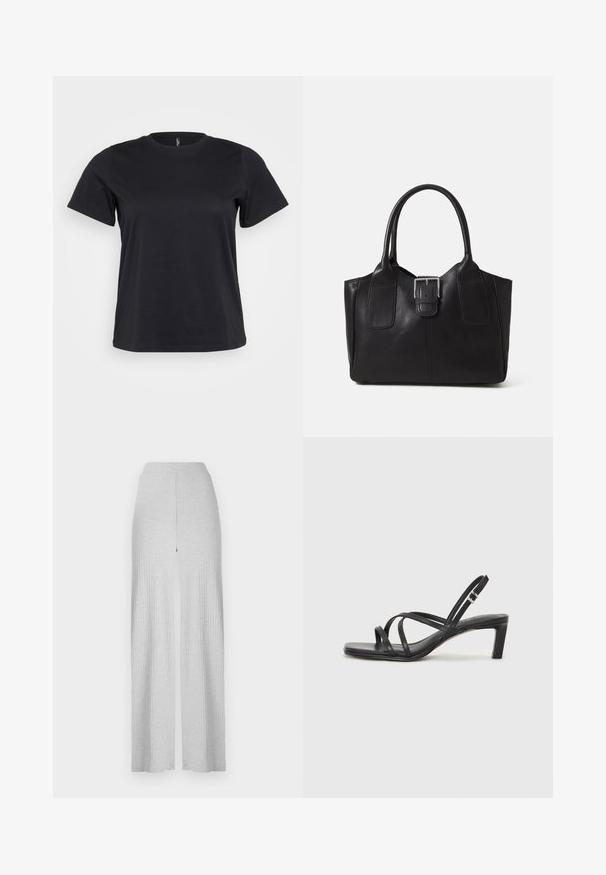 Tricou din bumbac negru, cu mâneci scurte, guler rotund, croi lejer și textură netedă. Fără grafice sau modele vizibile.; Pantaloni largi drepți gri deschis, cu un talie înaltă și o deschidere frontală. Fabricat dintr-un material moale cu o textură fină.; Sandal cu barete negre, cu vârf pătrat și toc mic de bloc. Prezintă mai multe barete subțiri și o bareta ajustabilă la gleznă. Fabricat din piele netedă.; Geantă tote din piele neagră cu textură netedă, formă structurată, două mânere și un detaliu proeminent din aliaj de argint pe partea din față.