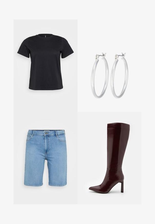 Camiseta de algodón negro de manga corta, con cuello redondo, corte holgado y textura suave. Sin gráficos ni patrones visibles.; Shorts de mezclilla azul claro con corte clásico, que cuentan con un cierre frontal de botones, pasadores para cinturón y dos bolsillos laterales. Textura suave y dobladillo recto.; Even&Odd Botas - dark red; Pendientes de aro de plata con un acabado liso y pulido. Forma redonda y cierre de click seguro. Diseño ligero adecuado para el uso diario.