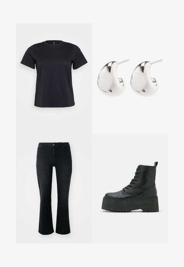 Must mustá puuvillane T-särk lühikeste varrukatega, ümar kaelus, lõdva sobivusega ja sile tekstuur. Ilma nähtavate graafikute või mustriteta.; Mustad teksad keskmise kõrgusega talje, ees nööp, kaks ees taskut, kaks taga taskut ja lehviva sääre lõige.; Mustad mustad kingad paksu platvormi tallaga, valmistatud siledast nahast, nööpide ja taga tõmbeauguga.; Hõbedased kõrvarõngad, millel on sile, kumer disain. Need on viimistletud poleeritud pinnaga ja neil on kinnituseks post tagasi, tagades kindla kandmise.