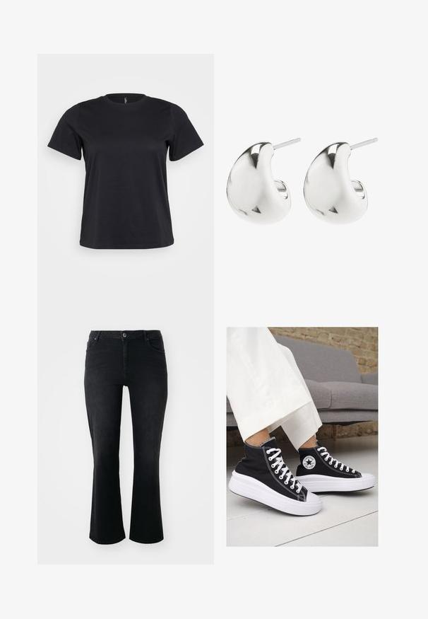 Maglietta in cotone nera con maniche corte, scollo rotondo, vestibilità comoda e texture liscia. Nessuna grafica o motivo visibile.; Jeans in denim nero con vita a media altezza, bottone frontale, due tasche anteriori, due tasche posteriori e gamba svasata.; Sneaker alte nere in tela con suole e lacci bianchi. Presentano un logo circolare sul lato e cuciture bianche a contrasto.; Orecchini a perno in argento con un design liscio e curvo. Presentano una finitura lucida e un fermo a perno per un indossamento sicuro.