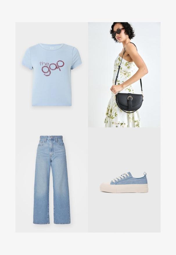 Jasnoniebieska bawełniana koszulka z okrągłym dekoltem i krótkim rękawem. Zawiera błyszczący bordowy napis "the gap" w zabawnym kroju pisma.; Jasnoniebieskie jeansy z wysokim stanem i szerokimi nogawkami, z zapięciem na guziki i zamek z przodu, przednie i tylne kieszenie, na białym tle.; Jasnoniebieskie płócienne sneakersy z kremowym czubkiem z gumy i podeszwą, z białymi sznurówkami i pętelką na pięcie.; Czarna skórzana torebka o zakrzywionym kształcie, z odpinanym paskiem i złotymi akcentami. Torebka posiada klapę z zapięciem w kształcie klamry.