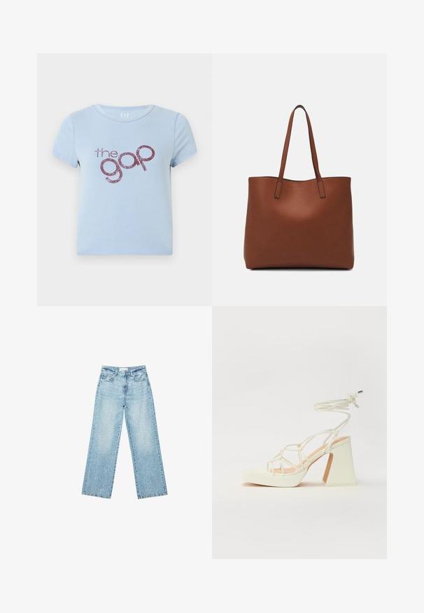 Jasnoniebieska bawełniana koszulka z okrągłym dekoltem i krótkim rękawem. Zawiera błyszczący bordowy napis "the gap" w zabawnym kroju pisma.; Jasnoniebieskie jeansy z szerokimi nogawkami i wysokim stanem, z lekko wybledzonym wykończeniem i drobnymi, rozproszonymi przetarciami.; Biała sandał na wysokim obcasie z masywnym słupkiem, z paskowym wzorem i wiązaniem przy kostce. Gładka faktura z platformą z przodu dla dodatkowej wysokości.; Brązowa skórzana torba tote o gładkiej fakturze, z otwartym wierzchem i dwoma ramiączkami. Charakteryzuje się minimalnym przeszyciem i brakiem widocznych elementów metalowych.