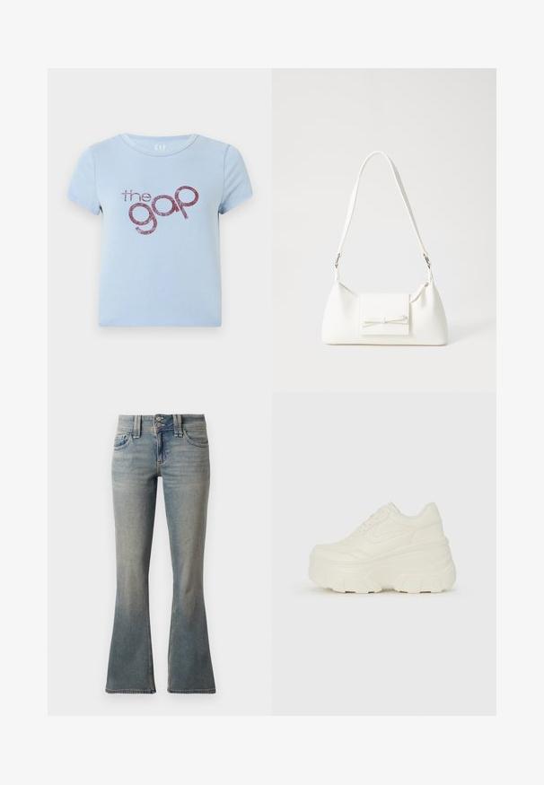 Helles blaues Baumwoll-T-Shirt mit rundem Halsausschnitt und kurzen Ärmeln. Verfügt über einen glänzenden burgunderfarbenen Logo-Text "the gap" in einer verspielten Schriftart.; Hellblaue Schlagjeans aus Denim. Verfügt über zwei Vordertaschen, einen Knopfverschluss und eine subtile Verblassung im Stoff.; Weiße Platform Sneakers mit einem glatten, lederähnlichen Obermaterial, abgerundeter Form, gepolstertem Kragen und strukturierten Gummisohlen mit ausgeprägten Stollen.; Weiße synthetische Handtasche in dreieckiger Form, flache Vorderklappe und Schleifendetail, verstellbarer Trageriemen, glatte Textur und minimalistisches Design.