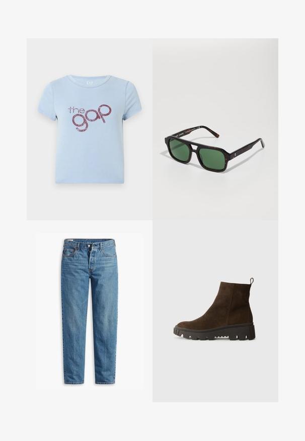Jasnoniebieska bawełniana koszulka z okrągłym dekoltem i krótkim rękawem. Zawiera błyszczący bordowy napis "the gap" w zabawnym kroju pisma.; Niebieskie dżinsy z prostym krojem nogawki, z zapięciem na suwak, dwiema przednimi kieszeniami i delikatnym przetarciem na całej powierzchni materiału.; Brązowy zamszowy botek za kostkę z masywną czarną gumową podeszwą, posiadający lekki obcas i pętelkę z tyłu ułatwiającą zakładanie.; Okulari w kształcie kwadratu w kolorze żółwia z zielonymi soczewkami, z grubą ramką i subtelnymi teksturowanymi detalami na ramionach.; DRAGON DIFFUSION NANTUCKET pomarańczowy