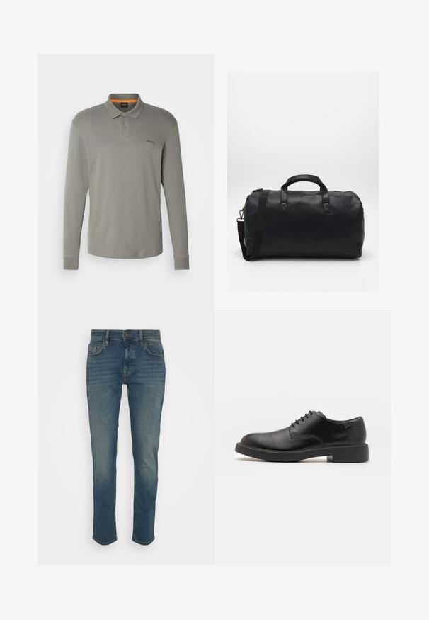 Ilgų rankovių polo marškiniai šviesiai pilkos spalvos audinio, turintys klasikinį apykaklę, dvi mygtukus ir juodą siuvinėtą logotipą ant krūtinės.; Tamsiai mėlyni džinsai su siauru kirpimu, turintys mygtuko užtraukimą, penkias kišenes ir šiek tiek nudėvėtą apdailą. Pagaminti iš džinsinio audinio.; Juodas odinis batų modelis su raišteliais, apvaliu nosiu, lygiu paviršiumi, minimaliai siuvinėjimu ir žemu guminėmis pakulne. Ant pakulnės šalia logo.; Juodas sportinis krepšys, pagamintas iš tekstūruotos sintetinės medžiagos. Yra du rankenoms ir reguliuojama petneša. Paprastas dizainas be matomų raštų.