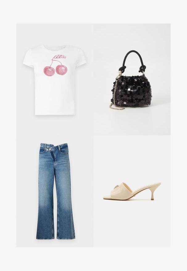 Valge lühikese varrukaga t-särk, millel on roosa sära kirsside ja "Guess" tekst nende kohal. Klassikaline ümar kaeluse disain pehme tekstuuriga.; Heledad sinise denimi laienevad teksad kõrge vöökohaga, millel on kaks nööpi ja eesnahk. Kangas on tuhm tekstuuriga, kus on kergeid varieeruvaid toone.; Bež patentnahast avatud varvastega mule sandaalid madala stiletto kontsaga. Ülaservas on keskne dekoratiivne aksessuaar. Silky ja läikiv viimistlus.; Must have mustrõngus mustal sädelev mini käekotil on sõlme tekstuuriga rihm ja hõbedane ketis. Ümar kuju, kokku kogutud ülaosa ja peegeldav detail.