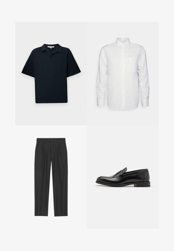 Lyhythihainen tummansininen polo-paita, joka on valmistettu teksturoidusta kankaasta. Paidassa on kaulus ja rento istuvuus. Ei näkyviä suuria logoja tai kuvioita.; Pitkähihainen valkoinen puuvillasukkahousu, jossa on napillinen kaulus, etutasku ja normaali istuvuus. Rakenne on teksturoitu ja pinta sileä.; Mustat pleated-housut, jotka on valmistettu sileästä kankaasta; niissä on vyötärö, jossa on vyölenkit, ja suora lahkeensuukko. Minimalistinen muotoilu ilman kuvioita.; Mustat nahkakengät, joissa on sileä pinta, pyöreä kärki ja koristeellinen nauha jalkapöydän yli. Matala pinoitu koroke, minimalistinen muotoilu.