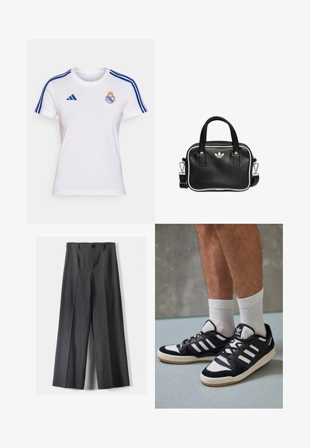 Bílé bavlněné tričko s modrými pruhy Adidas na rukávech, s logem Real Madrid na hrudi a designem s kulatým výstřihem.; Kalhoty s širokými nohavicemi vyrobené z tmavě šedé látky, s knoflíkovým zapínáním, předními sklady a poutky na pásek. Hladká textura s přizpůsobeným střihem.; Černobílé tenisky s vrchní částí z semišové a kožené kůže, včetně tří bílých pruhů, perforovaného špičky a podrážky z gumy.; Černá kožená kabelka se dvěma krátkými uchy, stříbrným kováním, bílými detaily a bílým logem. Má texturovaný povrch a kompaktní design.