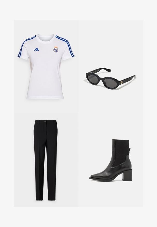 Balta medvilninė marškinėliai su mėlynomis Adidas juostelėmis ant rankovių, su Real Madrid logotipu krūtinėje ir apvaliu kaklu.; Juodai pritaikyti kelnes su tiesiu sijonu, su mygtukų užsegimu ir diržo kilpomis, pagamintos iš lygaus audinio.; Juodos aulinukai iki kulkšnies, su smailiu pirštu, pagaminti iš lygaus odos ir elastingos medžiagos. Turi kvadratinį kulniuką ir minimalistinį dizainą.; Juodos ovalios saulės akinių su tamsiais lęšiais ir blizgia plastiko apvadu. Su auksiniu logotipu ant šventyklos, siūlo elegantišką ir modernų dizainą.; Mėlyna audinio rankinė su raštu, turinti išlenktą formą, juodą odinį dirželį ir logotipo dizainą šviesesnėmis spalvomis.