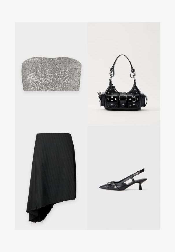 Strieborný top bandeau so sequínmi s krivkovým dizajnom, hladkou textúrou a žiarivým povrchom. Má jednoduchý, bezramienkový strih.; Čierna sukňa s prúžkami a asymetrickým lemom, so surovými okrajmi. Vyrobená z ľahkej látky s hladkou textúrou.; Čierne kožené slingback topánky s špicatou špičkou, ozdobnými popruhmi s kovovými očkami a nízkym blokovým podpätkom. Textúrovaný povrch.; Čierna kožená kabelka s zakriveným dizajnom, doplnená striebornými cvočkami, prackou a dvoma bočnými vreckami. Nastaviteľný popruh poskytuje rôzne možnosti nosenia.