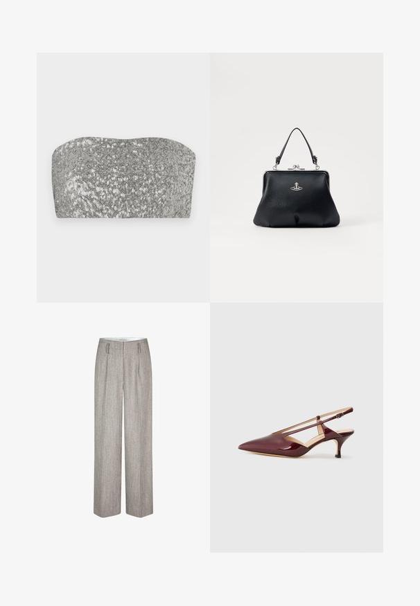 Zilveren pailletten bandeau top met een gebogen ontwerp, een gladde textuur en een glinsterende afwerking. Beschikt over een eenvoudige, strapless silhouet.; Second Female JUN - Broek - trench coat; Bordeaux gepatineerd leer slingback schoen met een spitse neus en een dunne hak. Beschikt over een band met een gesp en een uitgesneden zijkant.; Zwarte leren handtas met een gestructureerde oppervlakte, zilveren hardware, sluiting met een haak, en een korte handgreep om te dragen. Compacter en gestructureerd ontwerp.; Gouden ring met een kroonontwerp binnen een hoefijzer, versierd met kleine heldere edelstenen, op een witte achtergrond.