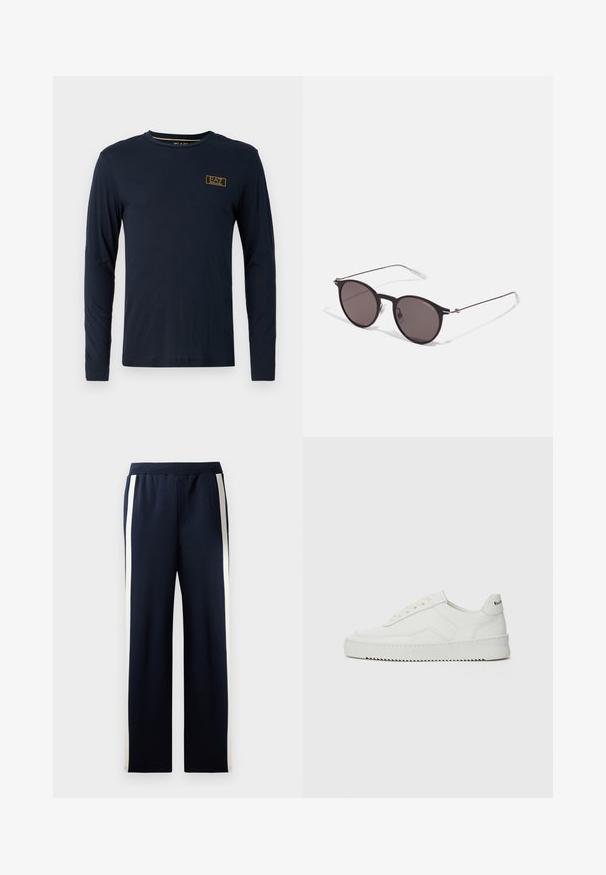 T-shirt de manga longa azul-marinho feito de algodão, com decote redondo e um pequeno logótipo dourado no lado esquerdo do peito. Textura suave.; Calças de moletão azul-marinho com um design de perna larga, apresentando riscas verticais em creme nas laterais. Feitas de um tecido suave e texturado com uma cintura elástica.; Sapatilha de couro branco com acabamento suave, bico redondo, atacadores planos e uma sola texturizada. Apresenta um logotipo discreto no calcanhar.; Óculos de sol redondos pretos com lentes escuras e hastes metálicas finas. Inclui pontas de templo transparentes e detalhes em prata na dobradiça. Design minimalista.