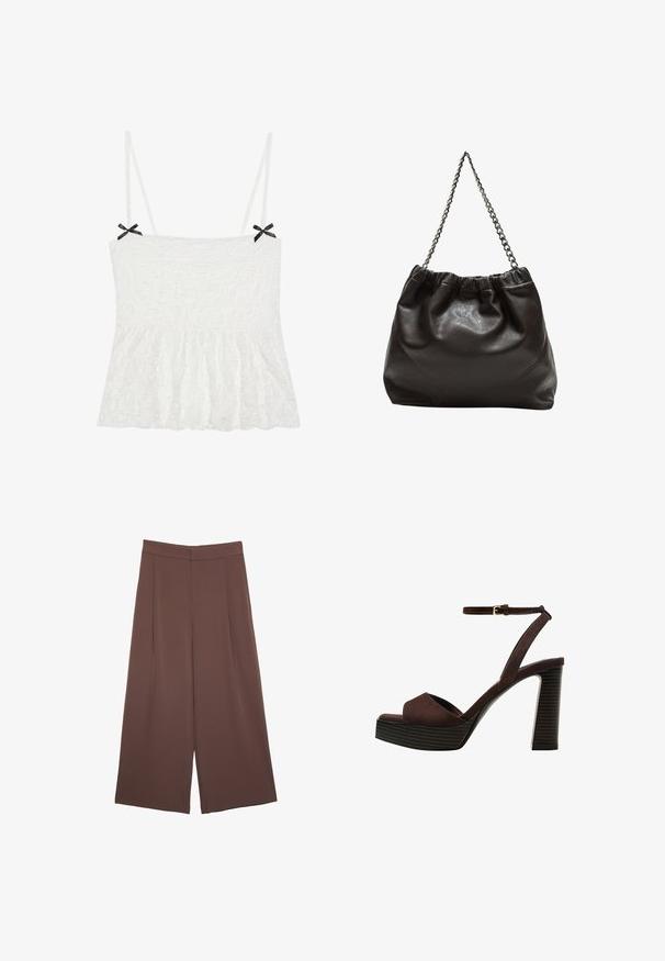 Weiße Spitzen-Camisole mit dünnen Trägern, die schwarze Schleifen an den Schultern und einen ausgestellten Saum für ein feminines Design aufweist.; Braune Weite-Leg-Hosen mit einer glatten Textur, hoher Taille und Vorderfalten. Der Stoff ist leicht und fällt locker.; Braune Wildleder-Pumps mit offenem Zeh, verstellbarem Knöchelriemen und gestreiftem Plateausohlen.; Braune Lederhandtasche mit gerafftem Oberteil und Kettenriemen. Glatte Textur mit glänzendem Finish und subtilen Nahtdetails an den Seiten.