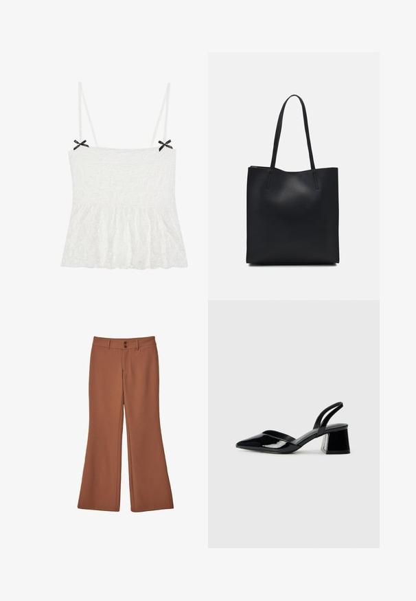 Vit spetslinne med tunna remmar, prydd med svarta rosetter på axlarna och en utsvängd nederkant för en feminin design.; Bruna, utställda byxor gjorda av mjukt tyg. Innehåller två framknappar och har en slät textur utan synliga mönster eller dekorationer.; Svarta lackläder slingback klackar med spetsig tå och geometrisk klack. Har en elegant, minimalistisk design och slät yta.; Svart lädertoffelväska med slät textur, rektangulär form och två långa handtag. Ingen synlig hårdvara eller dekorationer.