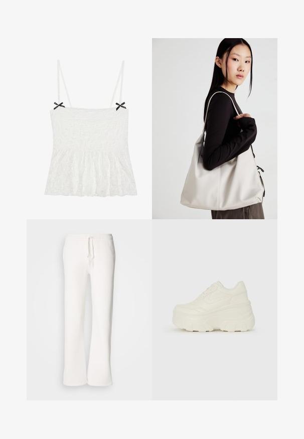 White lace camisole with thin straps, featuring black bows on the shoulders and a flared hem for a feminine design.; White, relaxed-fit sweatpants made of soft fabric, featuring an elastic waistband with a drawstring and straight-leg design.; White platform sneakers featuring a smooth leather-like upper, rounded shape, padded collar, and textured rubber sole with defined treads.; Beige handbag made of soft material, featuring a slouchy design, stitched detailing, and two shoulder straps. Suitable for everyday use.