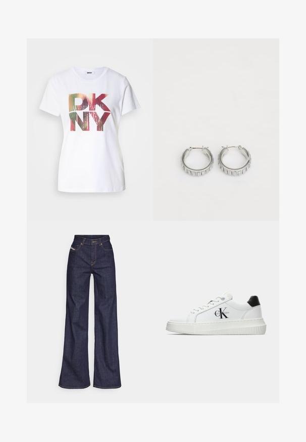 Bílá bavlněná tričko s velkým, barevným logem "DKNY" s gradientním efektem a třpytivými akcenty. Klasický design s kulatým výstřihem.; Tmavě modré džíny s širokým střihem vyrobené z denimové tkaniny, s vysokým pasem, oranžovým prošíváním, pěti kapsami a zapínáním na knoflík.; Bílé nízké tenisky s černým patním tabem, platformovou podrážkou, tkaničkami a logem Calvin Klein "CK" na boku.; Stříbrné kruhové náušnice s texturovaným designem a vertikálními drážkami. Kulatý tvar s pevným uzávěrem. Hladký povrch.